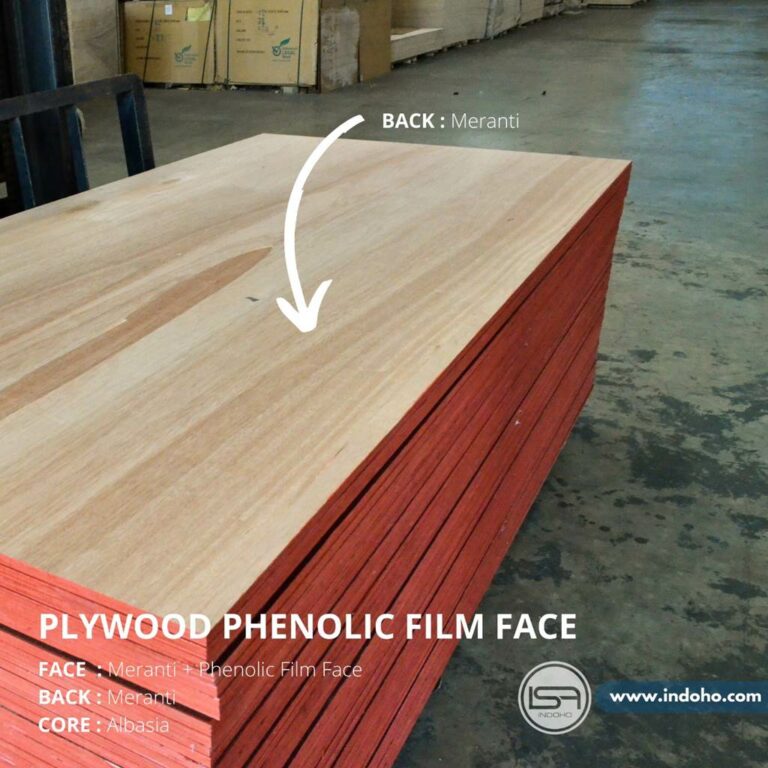 Plywood phenolic film face dengan lapisan belakang meranti dan core albasia untuk bekisting beton konstruksi.